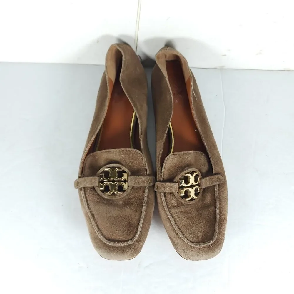 TORY BURCH Women's Metal Miller US8M Taupe Suede Medallion Logo Loafer Flats